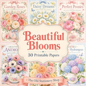 Papierpakket met prachtige bloemen, 30 printbare pagina's, bloementhema voor je junk journal, schattige vintage bloemen, botanisch scrapbook briefpapier, DIGITALE DOWNLOAD