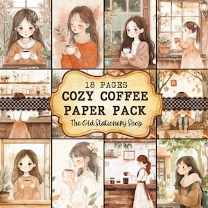 Pacote de papel aconchegante para café, diário de lixo para impressão de 18 páginas, inserções fofas para planejadores de itens efêmeros para scrapbooking, artigos de papelaria Kawaii, DOWNLOAD DIGITAL PNG
