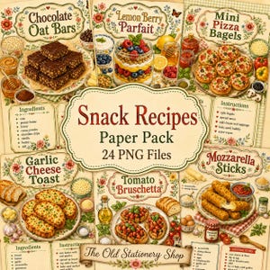 May include: A digital paper pack featuring various snack recipes, including chocolate oat bars, lemon berry parfait, mini pizza bagels, garlic cheese toast, tomato bruschetta, and mozzarella sticks. The pack includes 24 PNG files with ingredients and instructions.