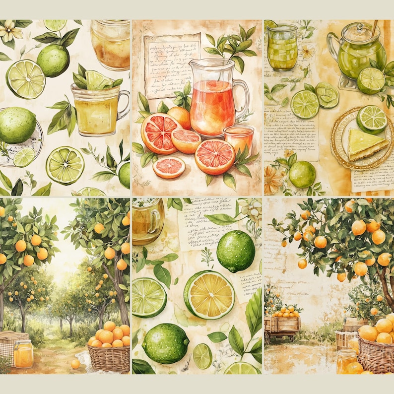 Citrus Fruits Paper Pack, 18 Printable Junk Journal Pages, Scrapbooking ...