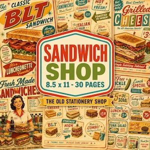 May include: A vintage-style sandwich shop menu booklet measuring 21.6 x 27.9 cm with 30 pages. The cover features retro typography and illustrations of various sandwiches, including BLT and grilled cheese, with prices and menu items listed.