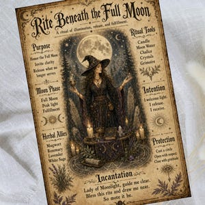 May include: A beige parchment-style poster titled Rite Beneath the Full Moon featuring a central illustration of a witch in a dark robe standing before a full moon, surrounded by text detailing ritual tools, intentions, and herbal allies.