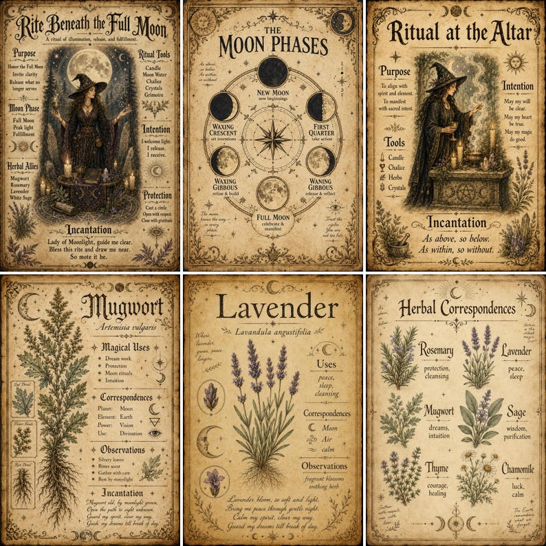 May include: A set of six vintage-style parchment posters featuring occult and botanical illustrations. The prints display detailed diagrams of moon phases, herbal correspondences, and ritual guides with text in black ink on a weathered tan background.