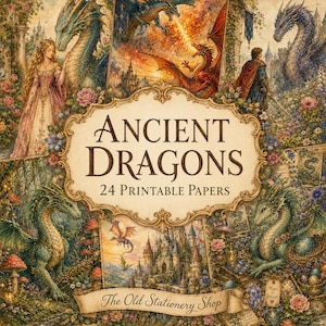 以下が含まれることがあります： ANCIENT DRAGONS 24 PRINTABLE PAPERSと題されたデジタルコレクション。ドラゴン、城、ドレスを着た人物、騎士のファンタジーイラストが描かれています。中央の装飾的なフレームにタイトルがあり、下部にThe Old Stationery Shopと記されています。