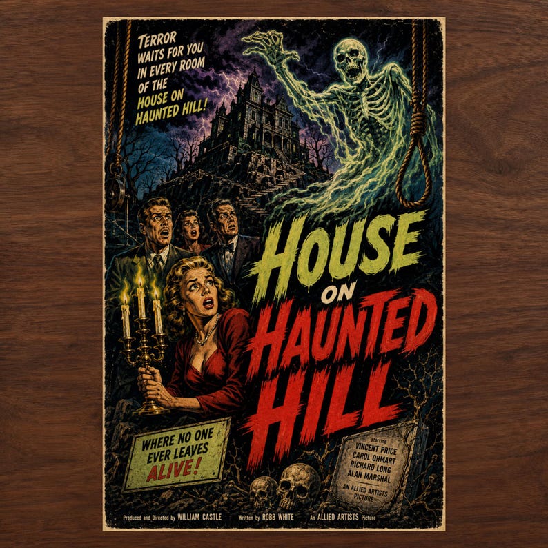 K&ouml;nnte beinhalten: Ein Vintage-Filmplakat f&uuml;r House on Haunted Hill mit einem leuchtend gr&uuml;nen Skelett, einer Frau mit einem Kandelaber und zwei M&auml;nnern. Der Text lautet: Terror waits for you in every room of the house on haunted hill! Where no one ever leaves alive!