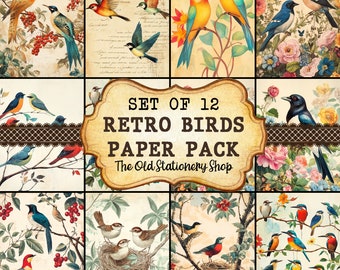 May include: A set of 12 digital paper sheets featuring vintage illustrations of birds in various colors and poses. The papers are perfect for scrapbooking, card making, and other craft projects. The title "Set of 12 Retro Birds Paper Pack" is displayed on a brown label.
