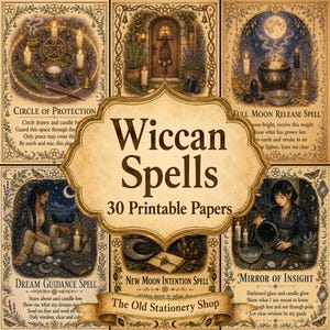 Puede incluir: Una colección de 30 papeles imprimibles titulados Wiccan Spells de The Old Stationery Shop. Cada página presenta ilustraciones detalladas de velas, calderos, lunas y objetos rituales con texto que describe hechizos como Circle of Protection.