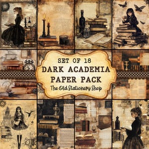 May include: A digital paper pack containing 18 images with a dark academia theme. The images feature books, candles, potions, and a woman in a black dress reading a book. The text "SET OF 18 DARK ACADEMIA PAPER PACK The Old Stationery Shop" is on a brown label.