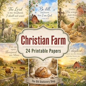 May include: A collection of 24 printable papers featuring Christian farm themes, including illustrations of lambs, chickens, cows, and bread loaves set against rural landscapes with Bible verses like Psalm 23:1 and John 10:14 printed on each page.