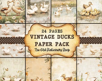 Vintage Ducks Paper Pack, 24 Pages Printable Junk Journal, Cute Duck & Ducklings Farm Scrapbooking Ephemera Stationery PNG DIGITAL DOWNLOAD