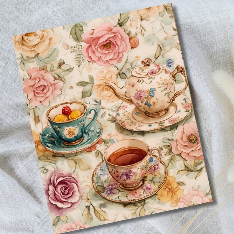 May include: A watercolor painting of a floral tea party scene. The painting features a teapot, two teacups, and a plate of fruit. The teapot is decorated with floral patterns and has a lid. The teacups are also decorated with floral patterns. The plate of fruit is filled with small, round fruits. The background of the painting is a floral pattern.