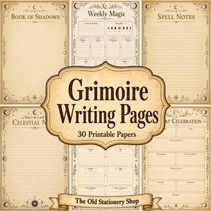 Op de afbeelding: Een verzameling printbare briefpapierpagina's met vintage perkamentachtergronden en hemelse motieven, inclusief koppen zoals Book of Shadows, Weekly Magic, Spell Notes, Celestial Notes en Sabbat Celebration, met een centrale titel Grimoire Writing Pages.