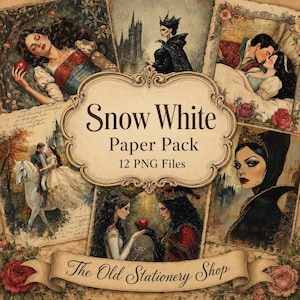 Könnte beinhalten: Ein digitales Papierpaket mit dem Titel "Snow White" mit 12 PNG-Dateien. Das Bild zeigt Vintage-Illustrationen von Schneewittchen, der bösen Königin und dem Prinzen, mit einem Banner "The Old Stationery Shop".