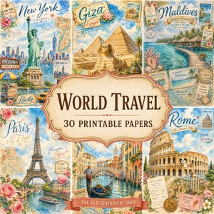 Könnte beinhalten: Eine Sammlung von 30 bedruckbaren Papieren mit dem Titel World Travel, die Aquarellillustrationen von New York, Gizeh, den Malediven, Paris, Venedig und Rom zeigen, verziert mit Vintage-Briefmarken, Blumenakzenten und reisebezogenen Texten.