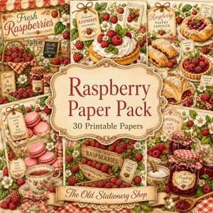 Puede incluir: Un paquete de papel digital con un collage de ilustraciones temáticas de frambuesas, incluyendo bayas frescas, pasteles, frascos de mermelada y acentos florales. El texto central dice Raspberry Paper Pack 30 Printable Papers y The Old Stationery Shop.