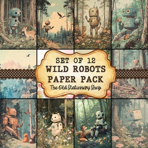 Confezione di carta vintage con robot selvatici, animali della foresta, diario spazzatura, pagine stampabili, scrapbooking, effimeri, pianificatore, cancelleria, PNG, DOWNLOAD DIGITALE