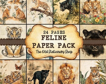 Feline Paper Pack, 24 Printable Vintage Junk Journal Pages, Tiger Lion Cheetah Scrapbooking Ephemera Planner Stationery PNG DIGITAL DOWNLOAD