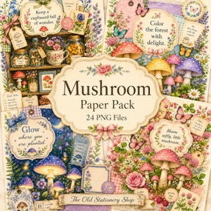 May include: A whimsical digital paper pack titled "Mushroom Paper Pack" with 24 PNG files. The image features a collage of illustrations with mushrooms, butterflies, flowers, and decorative tags. The color palette includes soft pinks, blues, and greens, with text that reads "Keep a cupboard full of wonder."