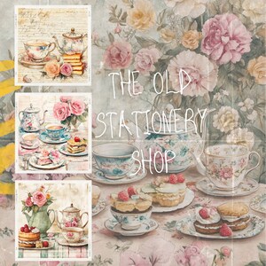 May include: A vintage-inspired illustration of a tea party with floral accents. The image features teacups, teapots, and pastries on a table with a floral tablecloth. The text "The Old Stationery Shop" is written in white on a light brown background.