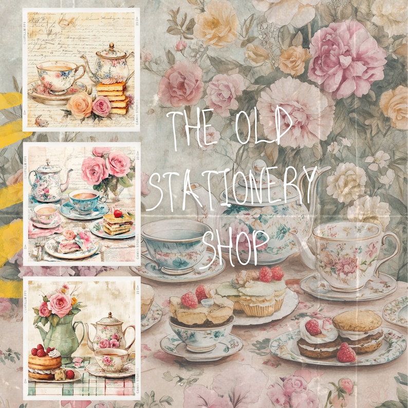 May include: A vintage-inspired illustration of a tea party with floral accents. The image features teacups, teapots, and pastries on a table with a floral tablecloth. The text "The Old Stationery Shop" is written in white on a light brown background.