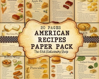 Classic American Recipes Paper Pack, Vintage Junk Journal Pages, Food Scrapbooking Ephemera Planner Inserts Stationery PNG DIGITAL DOWNLOAD
