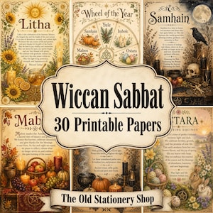 May include: A collection of printable papers featuring Wiccan Sabbat themes, including Litha, Samhain, Mabon, and Ostara. The designs incorporate illustrations of sunflowers, pumpkins, candles, skulls, rabbits, and text describing seasonal traditions.