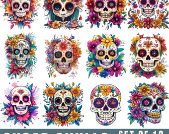 Sugar Skull PNG Bundle, Set of 12 Printable Sugar Skulls, Dia de los Muertos, Cute Halloween Prints, Skeleton Spooky Season DIGITAL DOWNLOAD