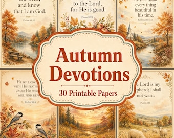 Puede incluir: Una colección de 30 papeles imprimibles titulados Autumn Devotions de The Old Stationery Shop. Cada hoja presenta paisajes otoñales con follaje, pájaros, ovejas y versículos bíblicos que incluyen el Salmo 46:10 y el Salmo 23:1.
