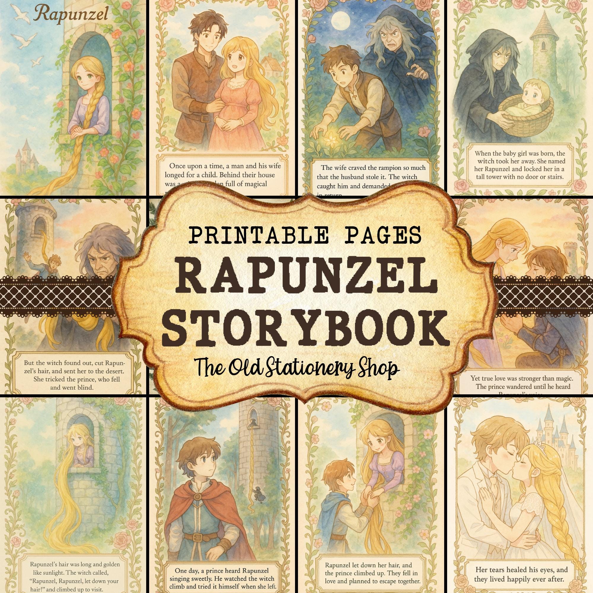 rapunzel6067ページ Rapunzel Printable Storybook Pages, Vintage Fairytale Junk Journal