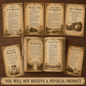 Puede incluir: Una colecci&oacute;n de siete tarjetas rectangulares de papel estilo vintage con vers&iacute;culos b&iacute;blicos e ilustraciones, incluyendo el Arca de No&eacute; y un libro abierto, junto a un libro abierto con texto y un aviso de que no es un producto f&iacute;sico.