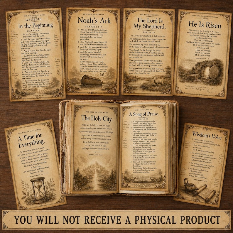 Puede incluir: Una colecci&oacute;n de siete tarjetas rectangulares de papel estilo vintage con vers&iacute;culos b&iacute;blicos e ilustraciones, incluyendo el Arca de No&eacute; y un libro abierto, junto a un libro abierto con texto y un aviso de que no es un producto f&iacute;sico.