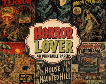 Könnte beinhalten: Eine Sammlung von Horror-Comic-Covern im Vintage-Stil mit Illustrationen von Monstern, Skeletten und unheimlichen Szenen. Der zentrale Text lautet Horror Lover 40 Printable Papers und The Old Stationery Shop, umgeben von verschiedenen Retro-Grafiken.