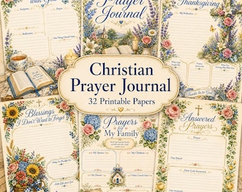 Christian Prayer Journal, 32 Pages Printable Paper Pack, Floral Bible Study Planner Tracker, Religious Women Faith Gift PNG DIGITAL DOWNLOAD