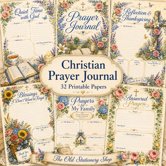 Christian Prayer Journal, 32 Pages Printable Paper Pack, Floral Bible Study Planner Tracker, Religious Women Faith Gift PNG DIGITAL DOWNLOAD