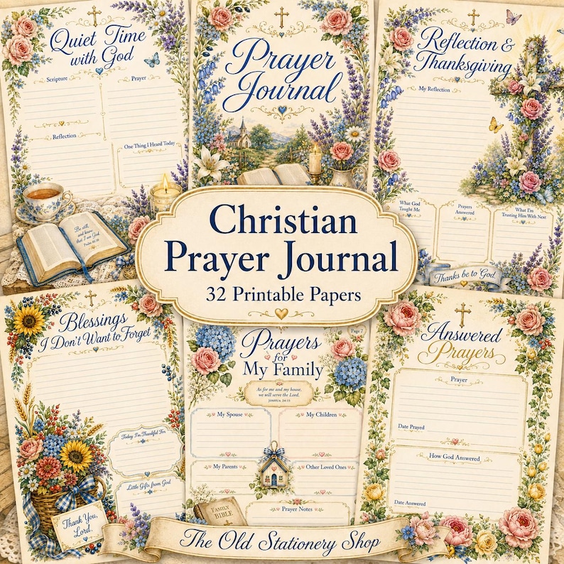 Christian Prayer Journal, 32 Pages Printable Paper Pack, Floral Bible Study Planner Tracker, Religious Women Faith Gift PNG DIGITAL DOWNLOAD image 1