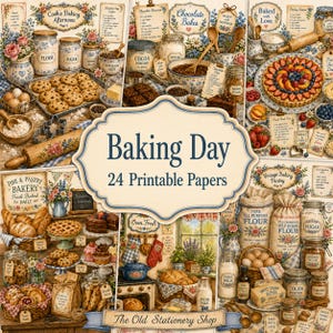 Op de afbeelding: Een collectie van 24 printbare papieren getiteld Baking Day, met vintage-stijl illustraties van bakingrediënten, gebak, koekjes, taarten, meelzakken en receptkaarten versierd met bloemige accenten en rustieke keukenmotieven.