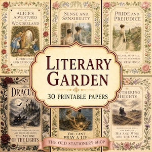 Litterär trädgårdspapperspaket 30 utskrivbara sidor klassisk litteraturcitat bokälskare skräpjournal blommig klippbok brevpapper digital nedladdning