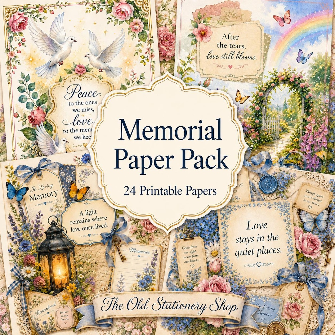 In Memory Note Paper Memorial Paper Pack, Printable Memorial Junk Journal Pages, in Memory ...