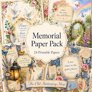 Könnte beinhalten: Ein Gedenkpapier-Set mit 24 bedruckbaren Bögen, verziert mit Blumenmustern, weißen Tauben, Schmetterlingen, einer Laterne und inspirierenden Texten wie "Peace to the ones we miss" und "Love stays in the quiet places" von The Old Stationery Shop.