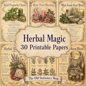 May include: A collection of 30 printable papers titled Herbal Magic, featuring vintage-style illustrations of herbs, flowers, candles, and bowls. Each page includes descriptive text, ritual instructions, and botanical drawings on a parchment-colored background.