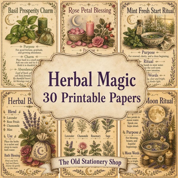 Herbal Magic Printable Papers - 30 Pages, Vintage Grimoire, Wiccan Book of Shadows, Witch Junk Journal Occult Stationery DIGITAL DOWNLOAD