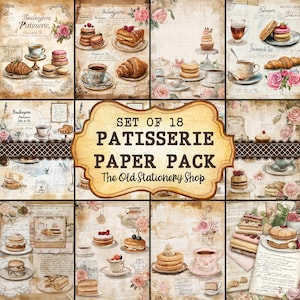 Patisserie Paper Pack, Set of 18 Printable Junk Journal Pages, French Pastry, Baking Ephemera, Bakery Stationery Sheets PNG DIGITAL DOWNLOAD