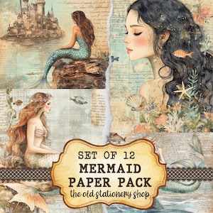 Zeemeermin Paper Pack Vintage ongewenste dagboek afdrukbare pagina's kleurrijke scrapbooking oceaan ephemera antieke planner briefpapier PNG DIGITALE DOWNLOAD