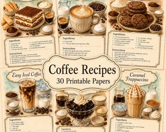 Papperspaket med kafferecept, storlek 8x12, utskrivbara receptkort, vintage köksskräpjournal, kaffe scrapbooking, brevpapper, digital nedladdning