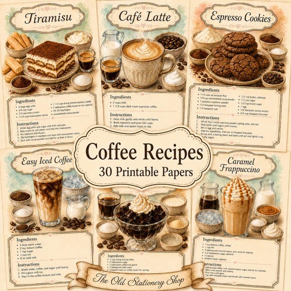 Coffee Recipes Paper Pack, 8x12 Size, Printable Recipe Cards, Vintage Kitchen Junk Journal Coffee Scrapbooking Stationery DIGITAL DOWNLOAD