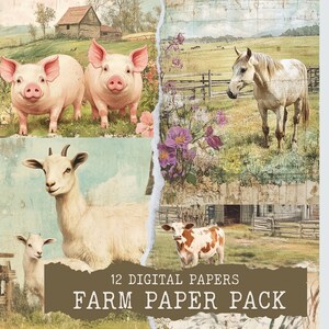 Confezione di carta da fattoria Vintage Junk Journal Animali da fattoria Pagine stampabili Scrapbooking Ephemera Planner antico Cancelleria PNG DOWNLOAD DIGITALE