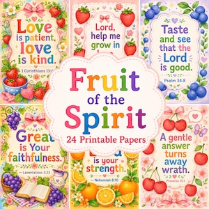Fruit of the Spirit Paper Pack, 24 Printable Junk Journal Pages, Cute Bible Quotes Ephemera Christian Scrapbook Stationery DIGITAL DOWNLOAD