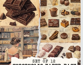 Paquete de papel Chocoholic, diario vintage, chocolate, páginas imprimibles, scrapbooking, efímeras, planificador antiguo, papelería, PNG, descarga digital