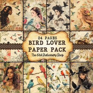 Bird Lover Paper Pack, 24 pagina's afdrukbaar junkjournaal, vogels vintage ephemera, retro scrapbooking planner briefpapier, vintage planner png, DIGITALE DOWNLOAD png