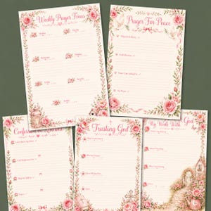 May include: Five rectangular prayer journal pages featuring cream backgrounds, pink floral borders, and lined writing sections. Titles include Weekly Prayer Focus, Prayer For Peace, Confession & Renewal, Trusting God, and My Walk With God with illustrations.